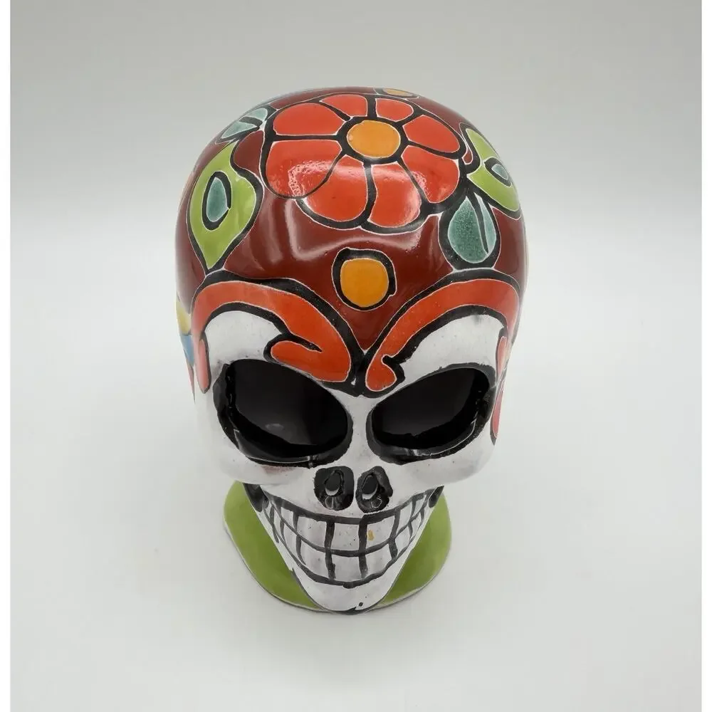 Talavera Mexican Pottery Day of the Dead Skull Figurine 5” Hand Painted Mexico